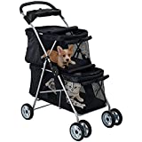 HCY Dog Stroller,Cat Stroller Double Pet Stroller Pet Carriers for Small Medium Cats Dogs 4 Wheels Folding Stroller Lightweight Waterproof for Travel,City Walk,Park Trip (Black)