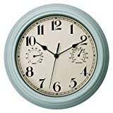 Foxtop Indoor Outdoor Waterproof Wall Clock with Thermometer and Hygrometer Combo, 12 inch Retro Silent Non-Ticking Battery Operated Quality Quartz Round Clock for Patio Home Decor (Blue)