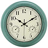 Retro Indoor/Outdoor Waterproof Wall Clock with Thermometer and Hygrometer Combo,12 Inch Silent Non Ticking Quartz Battery Operated Clock Wall Decorative,Green