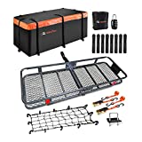 MeeFar Folding Hitch Mount Cargo Carrier Basket 60" X 20" X 6"+Waterproof Cargo Bag 20 Cubic Feet(59" 24" 24"),Hauling Weight Capacity of 500 Lbs and A Folding Arm.with Hitch Stabilizer,Net and Straps