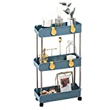 3-Tier Slim Mobile Shelving Unit on Wheels, Slide Out Rolling Bathroom Storage Organizer, Utility Carts Shelf Rack for Kitchen Bathroom Laundry Room Narrow Places, Navy Blue