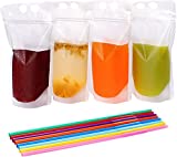 Tomnk 100PCS Drink Pouches for Adults with Straws, Heavy Duty Hand-held Translucent Reclosable Plastic Smoothie Drink Pouches with 100 Straws