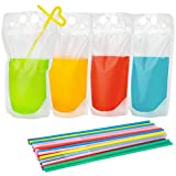 Tomnk 200PCS Drink Pouches for Adults with Straws, Heavy Duty Hand-held Translucent Reclosable Plastic Smoothie Drink Pouches with 200 Straws