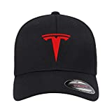 Tesla Motors Flex Fit Hat Baseball Cap Embroidered Flat Curved Brim (Curved Brim, Large/XLarge, Black Hat Red Thread)