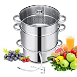 FANTASK 11-Quart Fruit Juicer Steamer, Vegetable Steamer w/ Tempered Glass Lid & Safe Loop Handle, Stainless Steel Jelly Steamer Pot Steaming Cookware Saucepot, Silver