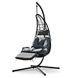 Hanging Chaise Lounger Chair Swing Egg Chair with Stand Indoor Outdoor Wicker Rattan Patio Basket Moon Hammock Chair with Cushions and Pillow (Grey)