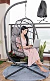 MOJIA Egg Chair with Stand and Oxford Cover, Patio Wicker Hanging Swing Chair Indoor Outdoor with UV Resistant Cushion and Foldable Seat Basket