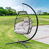 Barton Premium Egg Style Hanging Chair Beige w/Deep Cushion Soft Relaxing Luxury Outdoor Indoor Patio Bedroom Hanging Swinging