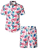 JOGAL Men's Flower Flamingo Prints Casual Button Down Short Sleeve Hawaiian Shirt Suits Small Blue Pink