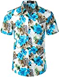 JOGAL Men's Flower Casual Short Sleeve Aloha Hawaiian Shirt XX-Large Blue