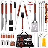 SixSun 30PCS BBQ Grill Tools Set Wooden Handle Stainless Steel Grilling Accessories with Spatula, Tongs, Skewers for Barbecue, Camping, Kitchen, Complete Premium Grill Utensils Set Red