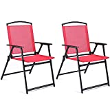 Bylring Patio Folding Sling Dining Chairs Set of 2 Outdoor Indoor Backrest Portable Household Seats for Outside Lawn Garden Patio Pool Yard with Armrest(Red)