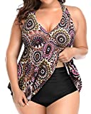 Holipick Datura Flower Plus Size Two Piece Swimsuits High Waisted Bathing Suits for Women Tummy Control Halter Tankini with Shorts 22W