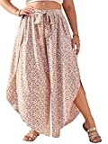 MakeMeChic Women's Plus Size Floral High Waist Tie Front Split Flowy Wide Leg Pants Multicolor 2XL