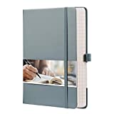 EMSHOI College Ruled Notebook - 256 Numbered Pages A5 Lined Journal, 120gsm Thick Paper, 16 Perforated Pages, Faux Leather Hardcover, Inner Pocket, 5.75'' X 8.38''-GrayBlue