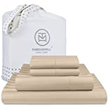 Threadmill 500 Thread Count Queen Size Damask Stripe, 4 Pc Luxury Cotton Bedding Set, Silky Smooth Light Beige Sheets with 16" Elasticized Deep Pocket, 2 Pillowcases & Free Tote Bag