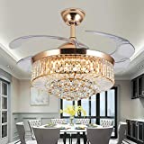 Panghuhu88 36"Invisible Ceiling Fan Chandelier Light,Modern Crystal Ceiling Fan Light Remote Control 4 Retractable ABS Blades for Bedroom Living Room Dining Room Decoration (Gold)