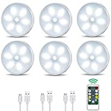 LED Closet Lights Motion Sensor Puck Light, USB Rechargeable Battery Powered Puck Lights with Remote Control, Dimmable Under Cabinet Counter Lighting Magnet Stick-on for Bedroom Kitchen (6 Pack)