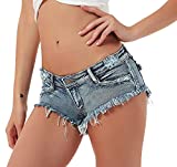 Soojun Women's Sexy Cut Off Low Waist Booty Denim Jeans Shorts, Denim Blue, US 4