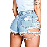 Susupeng Women Summer Irregular Waist Jean Shorts with Pockets Frayed Ripped Holes Cute Sexy Hot Mini Denim Shorts(Small, Light Blue)