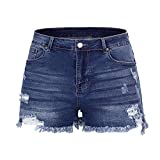 THUNDER STAR Women Mid Rise Ripped Stretchy Jeans Shorts Frayed Raw Hem Casual Denim Shorts Blue XL