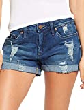 luvamia Women's Ripped Denim Jean Shorts High Waisted Stretchy Folded Hem Short Jeans Denim Blue Size Medium