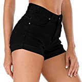 Cuihur Women's Summer Mid Waist Denim Shorts Folded Hem Casual Short Jeans Black L