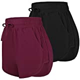 URATOT 2 Pack XXL Cotton Yoga Short Women Summer Running Gym Sports Waistband Shorts with Pockets, Black, Jujube Red