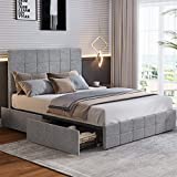 ADORNEVE Queen Bed Frame with Drawers, Linen Fabric Upholstered Platform Bed with Storage/Adjustable Headboard / Strong Wooden Slat Support, No Box Spring Needed, Noise Free, Light Grey