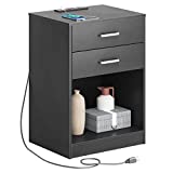 ADORNEVE Nightstand with Charging Station,Black Night Stand for Bedroom, End Table Side Table Wooden Sofa Side Storage Stand Cabinet,with Sliding Drawer and Shelf
