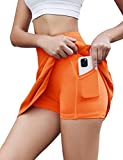 Loovoo Pleated Tennis Skirt for Women with 3 Pockets Women's High Waisted Athletic Golf Skorts Skirts for Running Casual Orange L