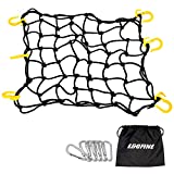 Egofine Motorcycle Cargo Net, 15.7" x 15.7" Stretch to 30" x 30" with 2"x2" Mesh, Super Duty Roof Cargo Net with 6 Plastic Hooks and 6 Metal Carabiners for Trailer, SUV, Motorcycle, ATV, Roof, Black