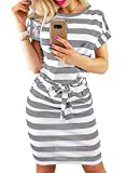 GOSOPIN Women Summer Short Sleeve Belt Waist T-Shirt Dress Midi Sundress Large Gray