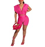 Sexy Club Outfits for Women Casual - conjuntos de 2 piezas para Mujer Deep V Neck Cutout Sleeveless Zip Up Hoodie Crop Top Bodycon Shorts Suit Set Jumpsuit 2 Piece Outfits Party Clubwear Pink, Medium