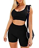 OLCHEE Womens Sexy 2 Piece Workout Sets - Seamless Ribbed Legging Shorts and Scoop Neck Sports Bra Yoga Activewear Set - Black Size L