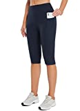 BALEAF Women's Knee Length Leggings High Waisted Plus Size Yoga Workout Exercise Capris for Casual Summer with Pockets Navy Blue L