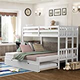 Giantex Twin Over Pull-Out Bunk Bed with Trundle, Solid Wood Bunk Bed with Ladder, Extendable Twin/Full/Twin Beds with Safety Rail, Bunk Beds for Kids Teens (White)