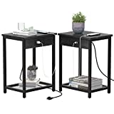 Nightstand with Charging Station Set of 2 Side End Table with USB Ports and Power Outlets 2-Tier Bedside Table for Bedroom Living Room, Modern Black