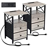 AMHANCIBLE End Table with Charging Station, Nightstand Set of 2 with Drawer, Small Side Table Living Room with USB Ports and Outlets for Small Spaces Bedroom Ivory Grey and Black