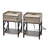 Set of 2 Nightstand with Charging Station and USB Ports, Farmhouse End Table with Hidden Storage and Shelf, 3-Tier Sofa Side Table for Bedroom, Living Room, Small Spaces, Washed Gray