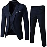 Men's Notch Lapel Modern Fit Suit Blazer Jacket Tux Vest & Trousers Set Three-Piece, Navy, Medium