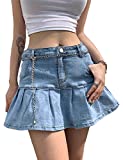 Tanming Women's Pleated Jean Skirt Casual A-Line Ruffle Y2K Mini Denim Skirt (LightBlue-S)