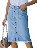 luvamia Women's Casual Mid Rise Button Down Frayed Raw Hem Stretchy Denim Midi Skirt Jean Skirt Light Blue Size Large