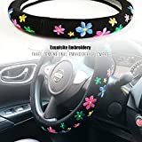 Embroidery Cute Car Steering Wheel Cover for Women Ladies and Girls, Short Flannel, Universal 15 inches