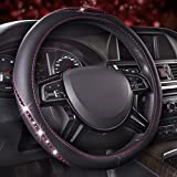 CAR PASS Pretty Rhinestone Leather Universal Steering Wheel Cover,Fit for Car, Suvs,Sedans,Truck,Anti-Slip Design (Black with Rose red)