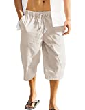 COOFANDY Men Yoga Pants Linen Capris Loose Casual Lightweight Elastic Waist Summer Capri Pants (Khaki L)
