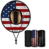 S A Straw Hat Pack - Under Brim Straw Hat for Men and Straw Hat for Women - UPF 50+ Sun Hat and 3 Multipurpose Face Shields (American Flag)