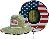 Men's Straw Hat with Fabric Pattern Print Lifeguard Hat, Beach Ocean, Cruise, and Outdoor, Summer, Fits All, Malabar Hat Co (American Flag)