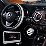 Bling Car Accessories Set, Bling Steering Wheel Cover for Women Men Universal Fit 15 Inch, Bling License Plate Frame for Women Men, Bling Car USB Charger(Fast Charging), Crystal Car Decor Set 4 Pack