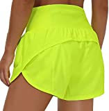 THE GYM PEOPLE Womens High Waisted Running Shorts Quick Dry Athletic Workout Shorts with Mesh Liner Zipper Pockets (Light Yellow, Medium)